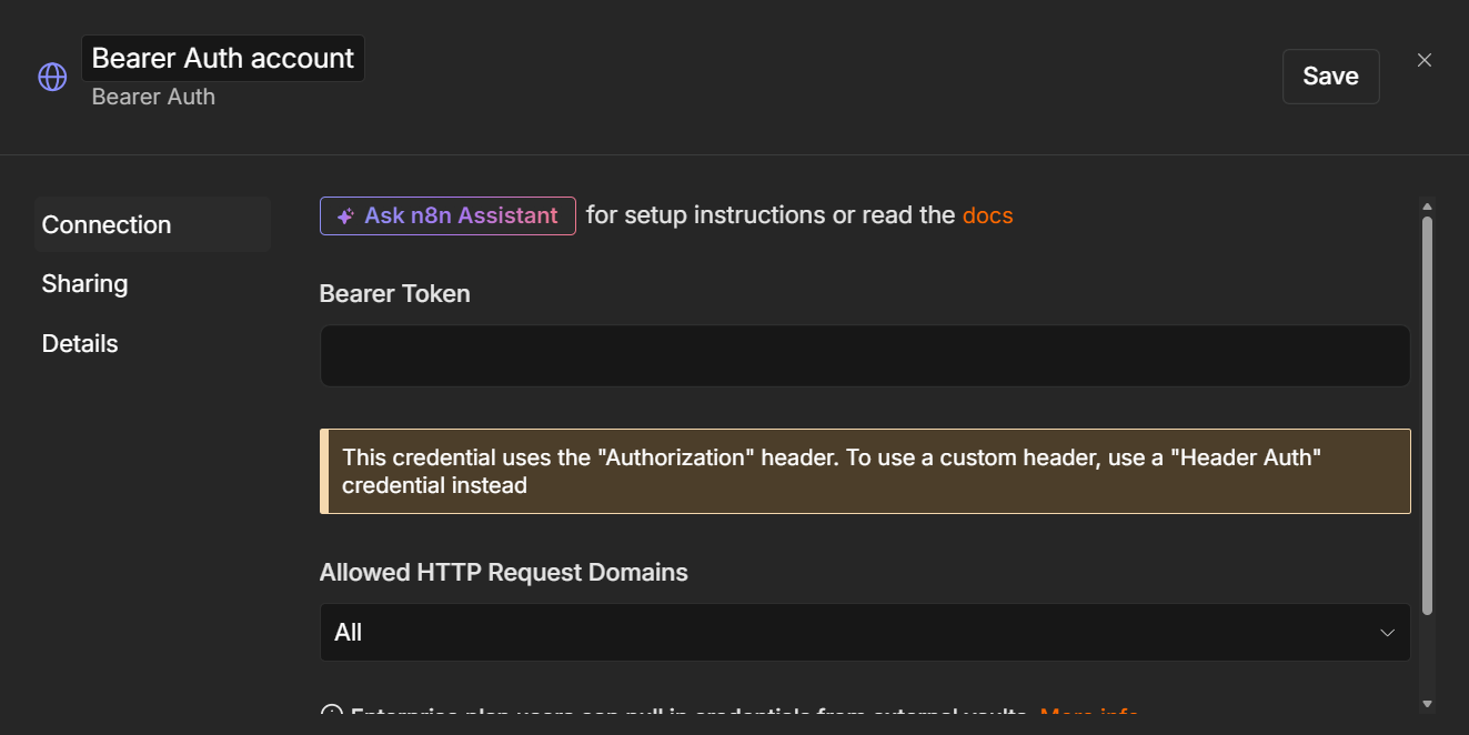 n8n Bearer Auth credential